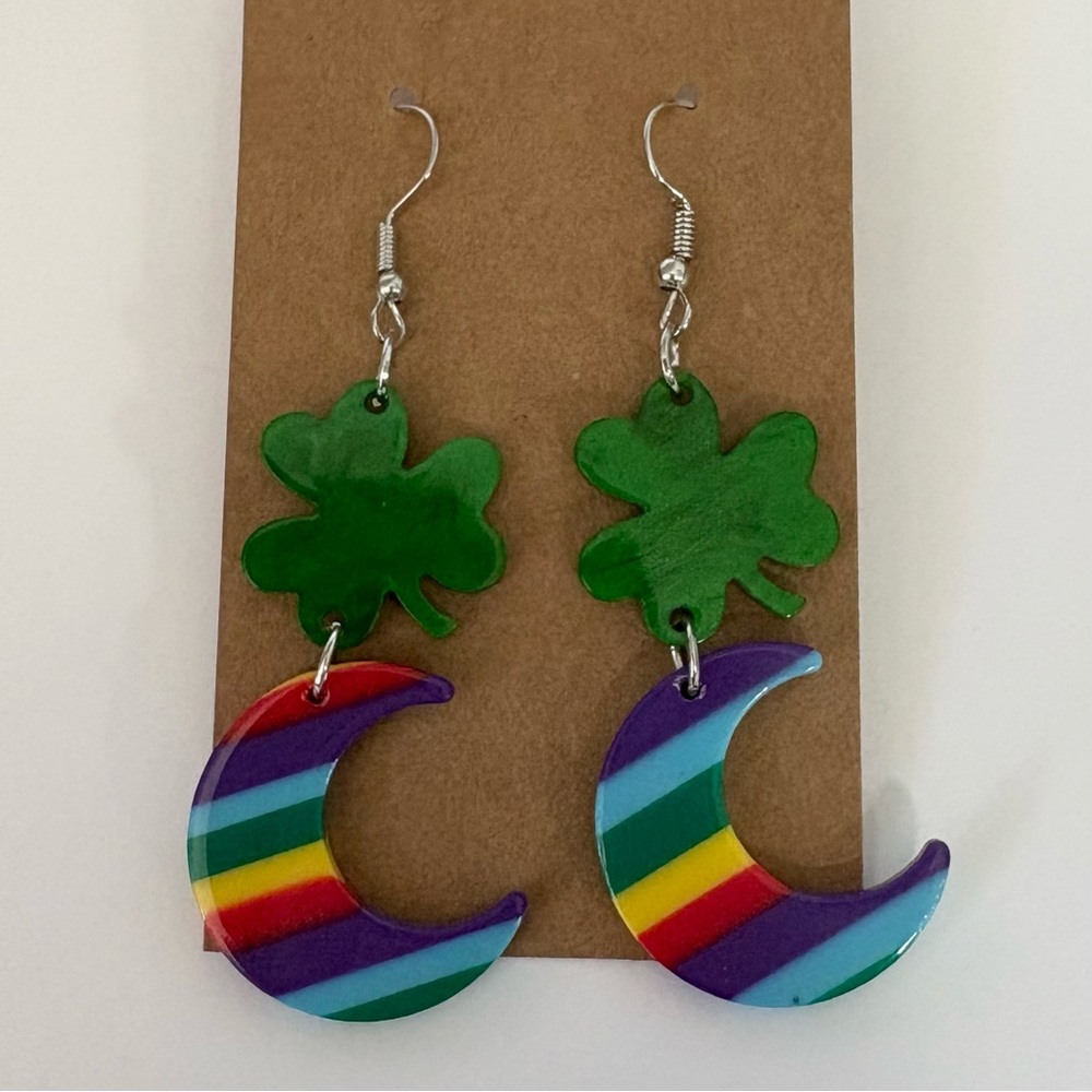 NEW Colorful Shamrock Crescent Moon Earrings ~ St Patrick’s Day ~ Irish ☘️